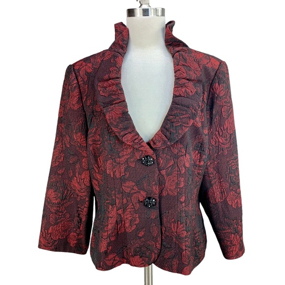 Kay Unger Jackets & Coats Kay Unger Red Black Brocade Rose Floral